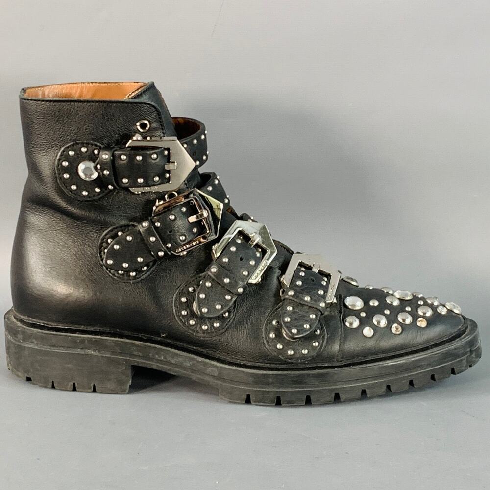 GIVENCHY Size 8 Black Studded Leather Belted Ankle Boots - Picture 2 of 11